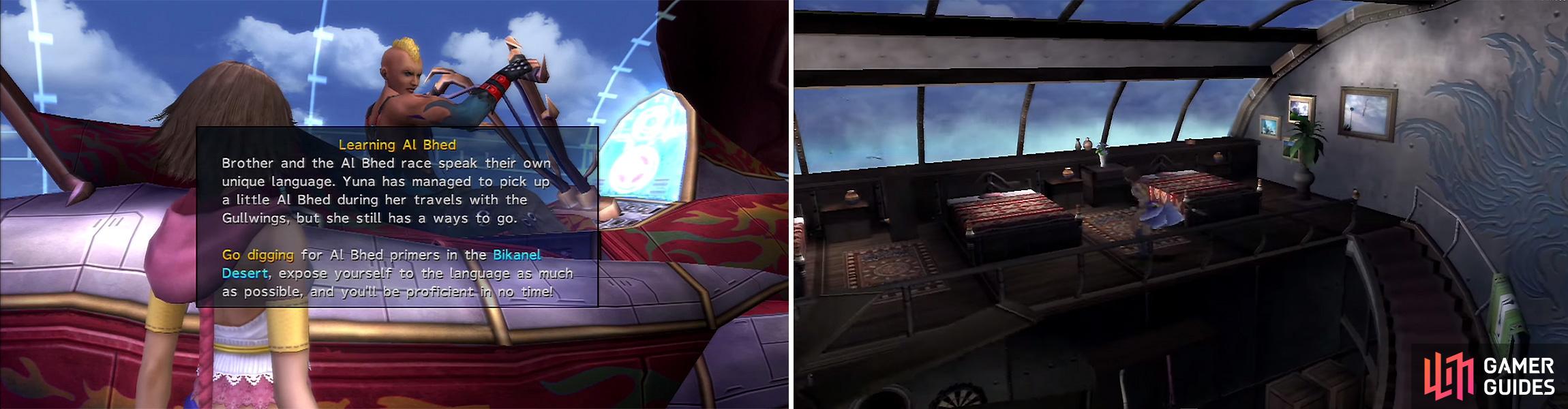 You can learn Al Bhed (left) just like FFX. Speaking to Brother nets you three Primers. Make sure to sleep in the cabin (right) in each chapter if you want 100% completion.