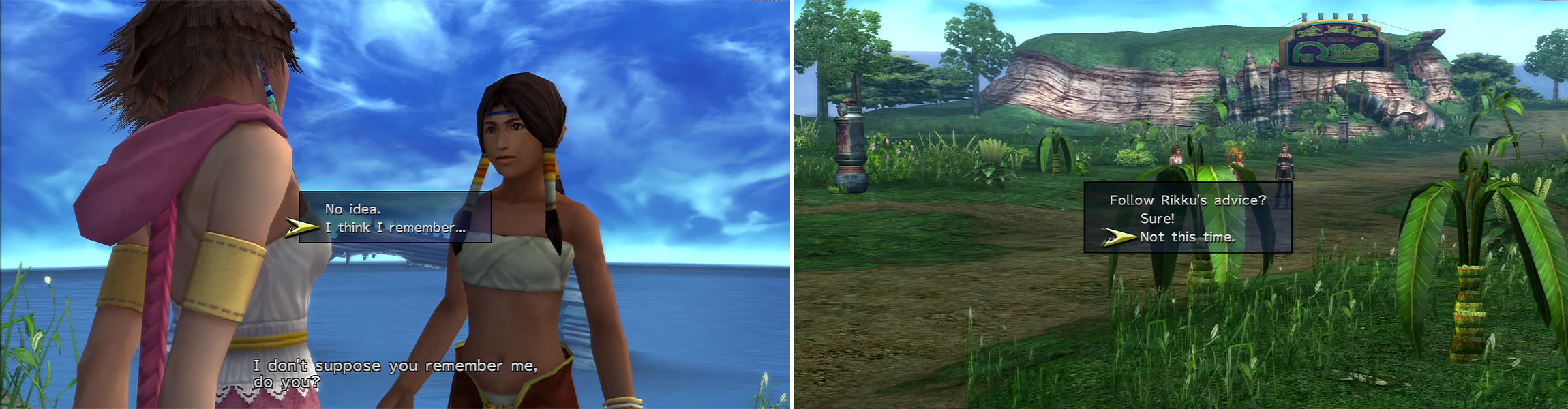 You meet a very grown up version of Calli (left) from FFX for this mission. During the mission, you need to collect feathers while following Rikku (right). Trust her instincts after you’ve collected enough.
