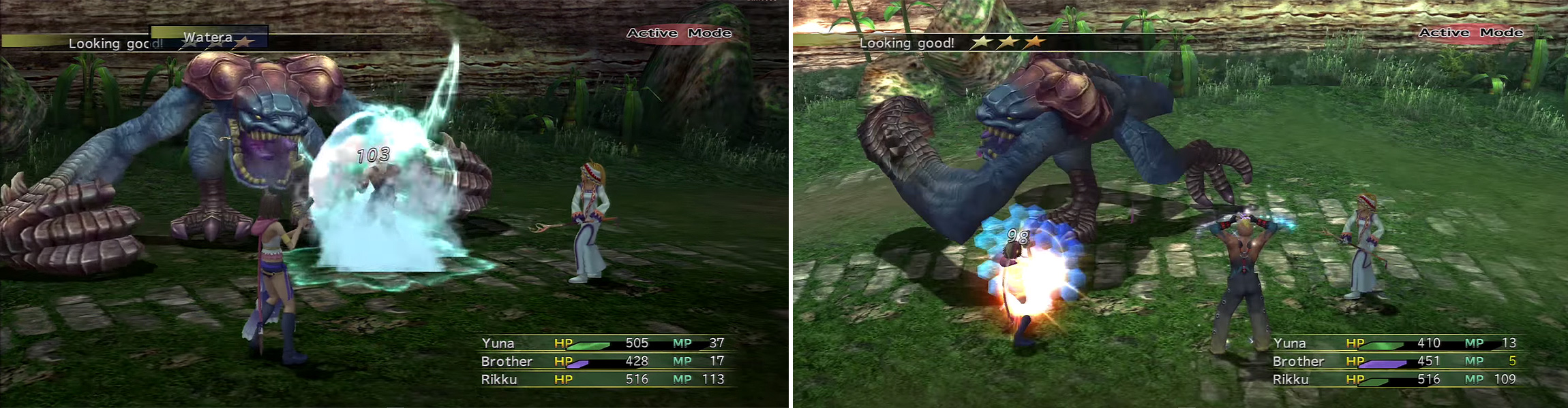 The Chocobo Eater uses second tier spells like Watera (left) and a basic physical attack which you can guard with Protect (right).
