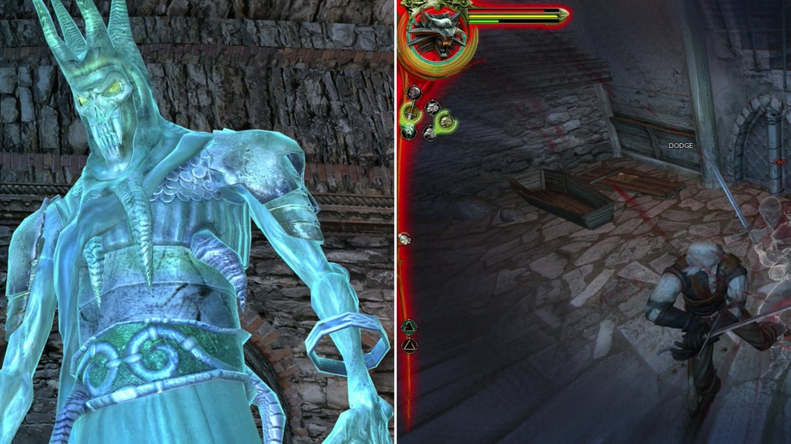 After you place the remains of Leuvaarden’s friend, you’ll be accosted by the King of the Wild Hunt (left) who waxes fatalistically before summoning the ghost of Leo to battle you (right).