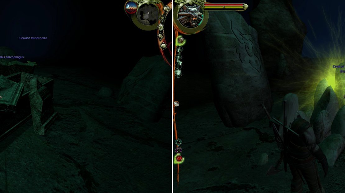 Inside the Swamp Cave, loot Vran’s Sarcophagus (left) and tap into the Circle of Hanging Stones (right) to learn the Quen SIgn.