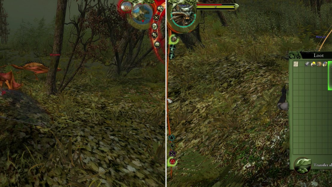 Wyverns are the most dangerous critter you’ll encounter in this chapter (left). Try to avoid engaging more than two at once, and soften them up with the Igni Sign. Your reward for clearing Wyvern Island is the ability to loot the Messenger’s Corpse for the sword Harvall (right).