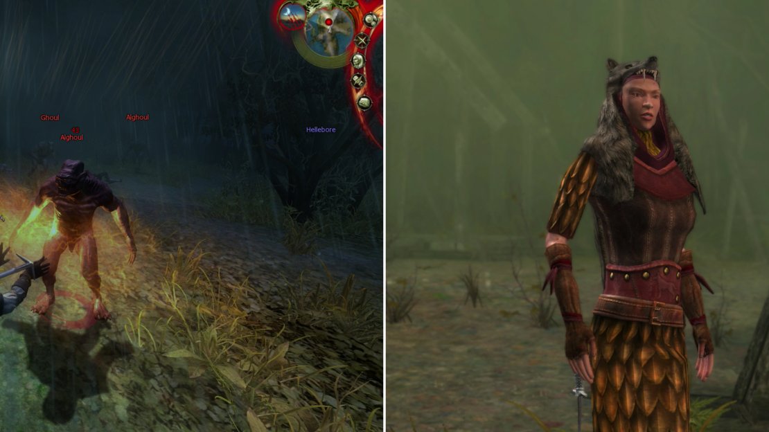 Find Alghouls at night near the Kezath Obelisk (left). This racist Elf can be taught a lesson by proving you can pick Faeinnewedd (right)… for what that’s worth.