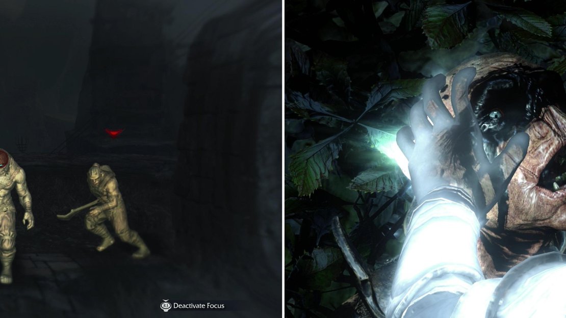 Enter Ranged Mode (L2) and charge your shots (L1). Most normal Uruks can be killed with a single headshot (left). Grab Uruks to Interrogate them, which can earn you vital information about their masters (right).