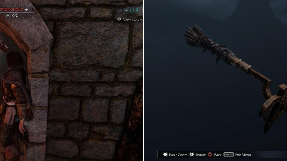 Squeeze through a grate to reach the interior of a stone foundation (left) wherein you’ll find the Branding Iron Artifact (right). Ah… “Old Scorchy”…
