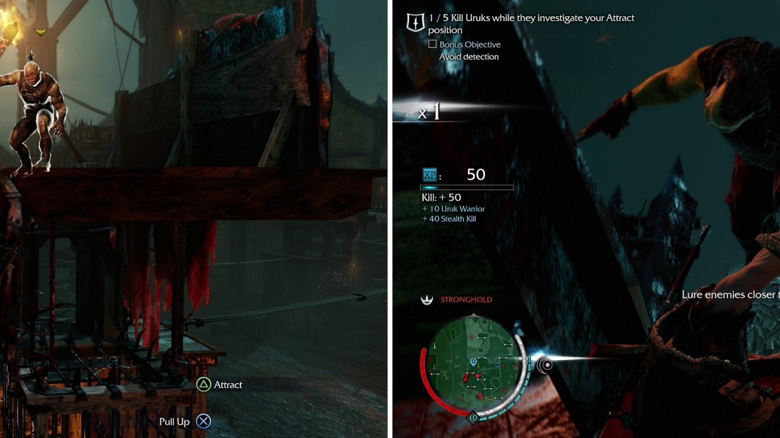 Use the “Attract” ability to lure Uruks to you (left) then perform a Ledge Kill (right).