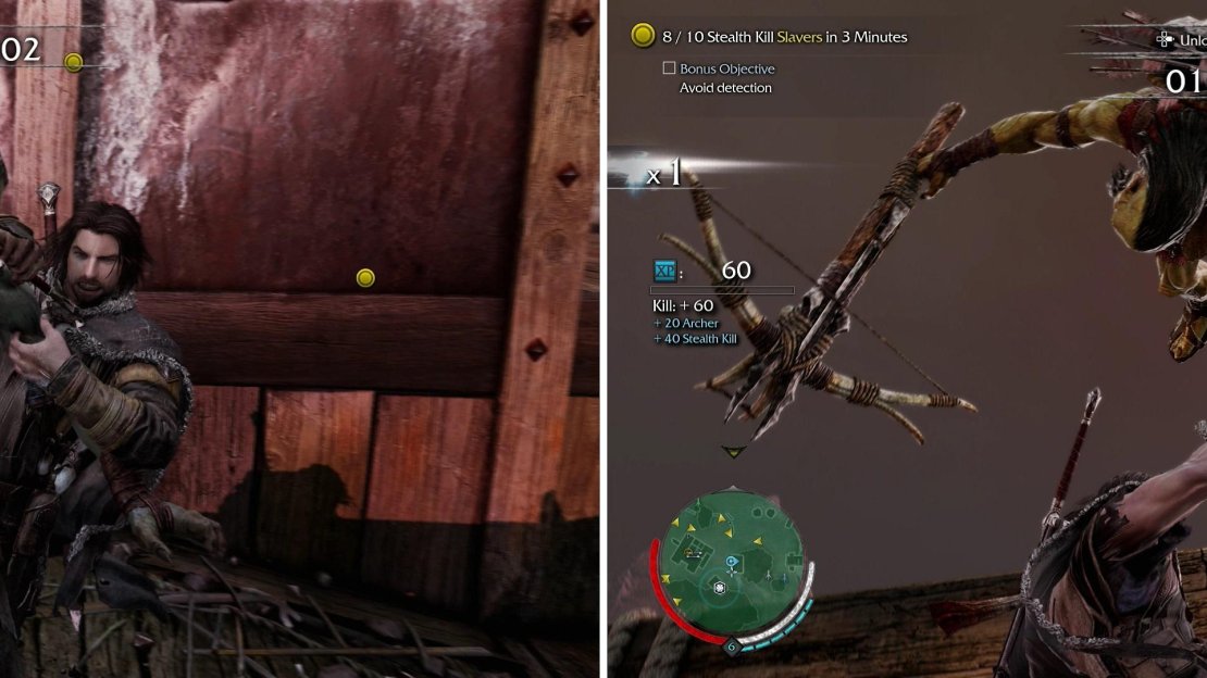 Killing Uruks quickly while remaining undetected is the goal here-normal Stealth Kills work just fine (left), but performing the odd Ledge Kill will make this task even easier (right).