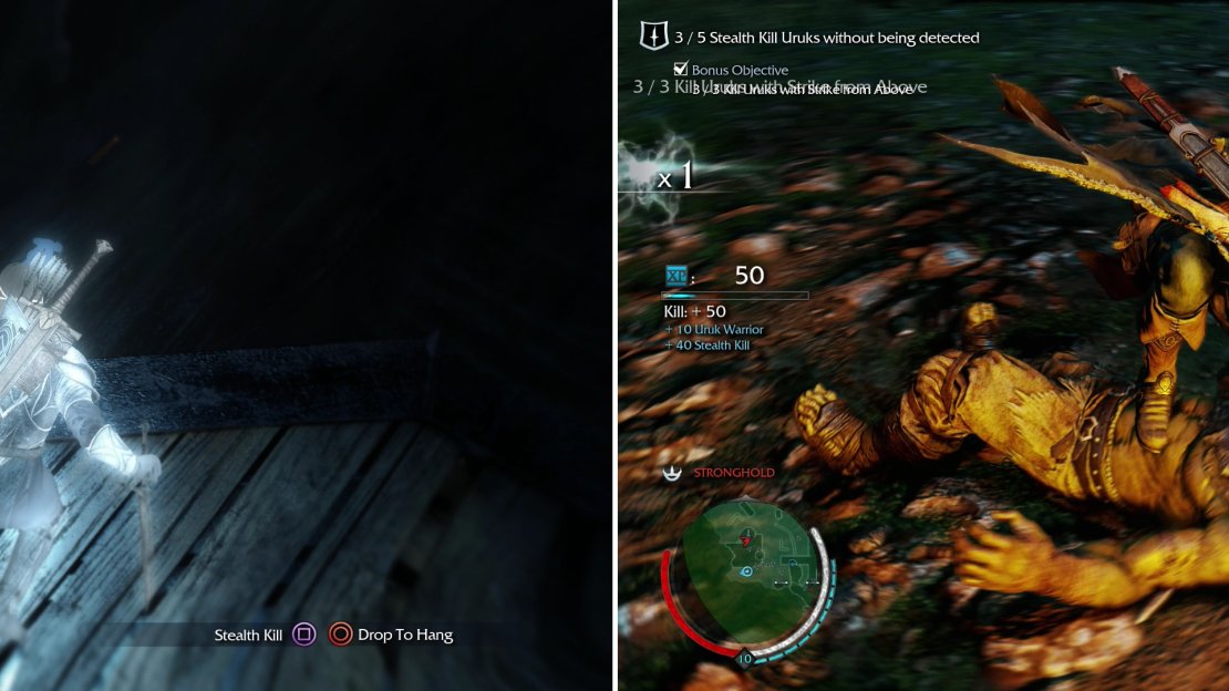 Stalk your prey carefully, using heights to your advantage (left) and when they are alone and below you, perform a Strike From Above (right).