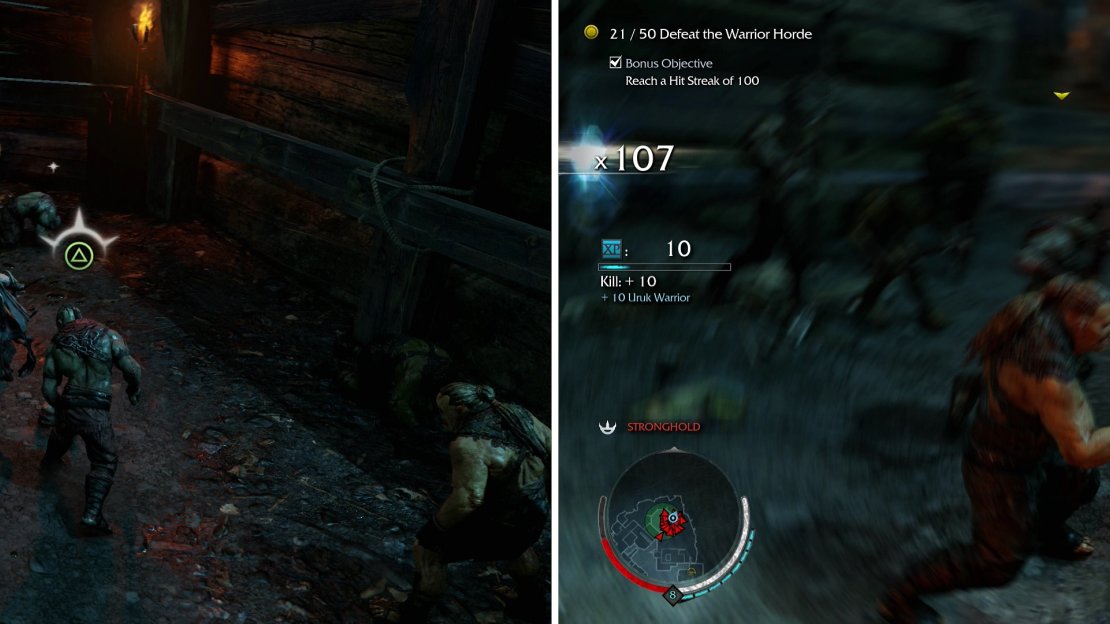 Into the Pit will provide you with valuable combat experience. Learning to Counter multiple attackers at once (left) is necessary to achieving high Hit Streaks. Fight smart, and you should have little trouble breaking the three digit mark (right).