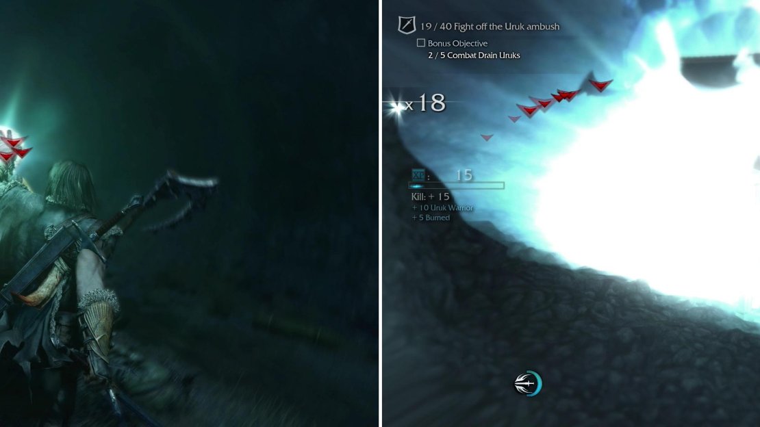 Combat Drains are useful for quicly replenishing your Elf-Shot (left), and in this mission in particular, shooting explosive Grog Barrels with a Fire Arrow can result in a lot of dead Uruks (right).