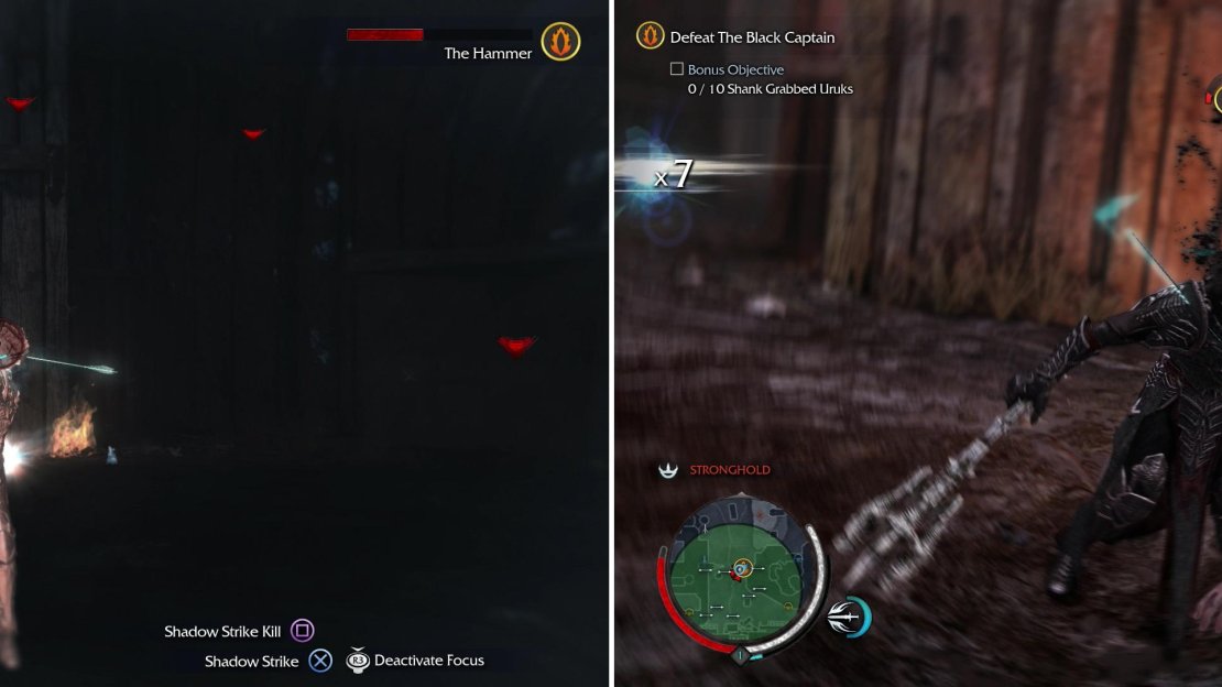 The Hammer can be harmed by arrows, just be sure to fire multiple shots in a row, as he’ll grab the first of the bunch and fling it back at you (left). Attacking the attendant Uruks to charge your Hit Streak will allow you to perform damaging Executions (right).