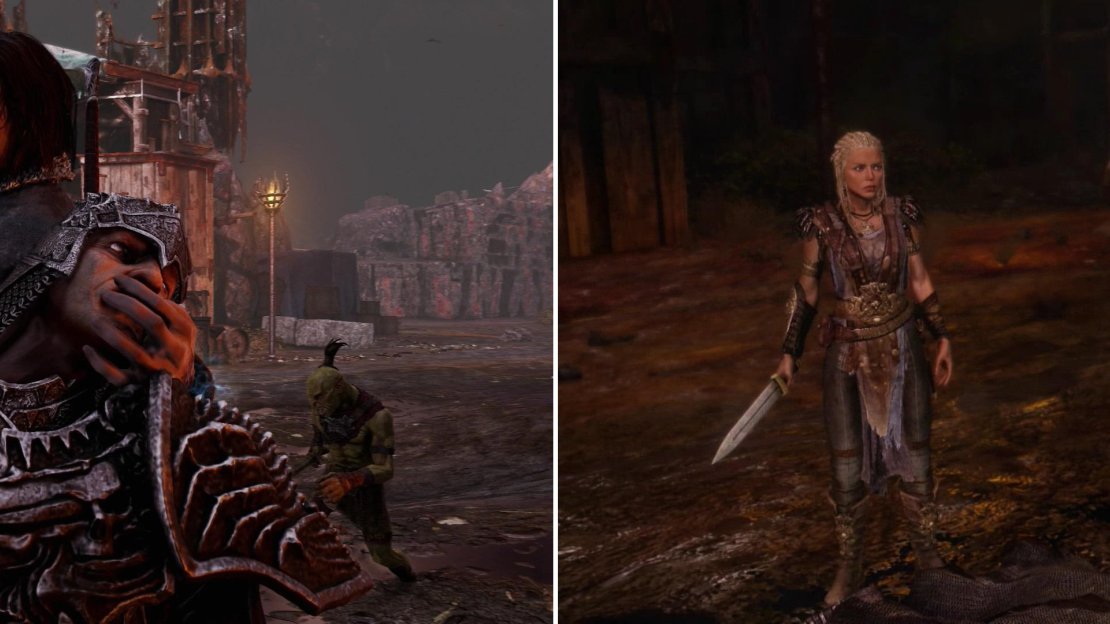 Talion takes his anger out on The Hammer, to the Wraith’s annoyance (left). Shortly after the fight Lithariel arrives, and her words draw us to Nurn (right).