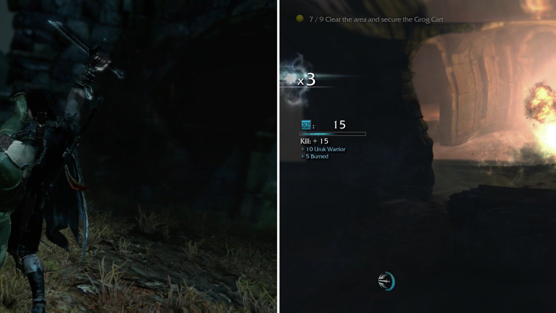 When clearing out the camps, you’ll have the option of killing Uruks however you fancy-by using good old Stealth Kills (left) or… well, somewhat more explosively (right).