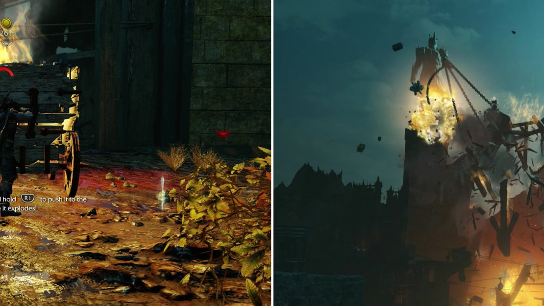 After defending the cart from Uruks, push it the last few feet (left) and watch the destruction of the Monument Gate (right).