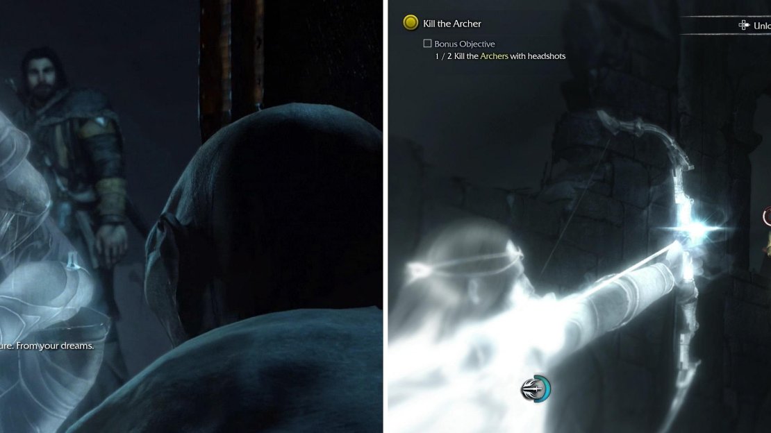Despite Talion’s rudeness, the Wraith manages to persuade Gollum into leading us to another relic (left). Along the way, headshot a few Uruk archers to complete a bonus objective (right).