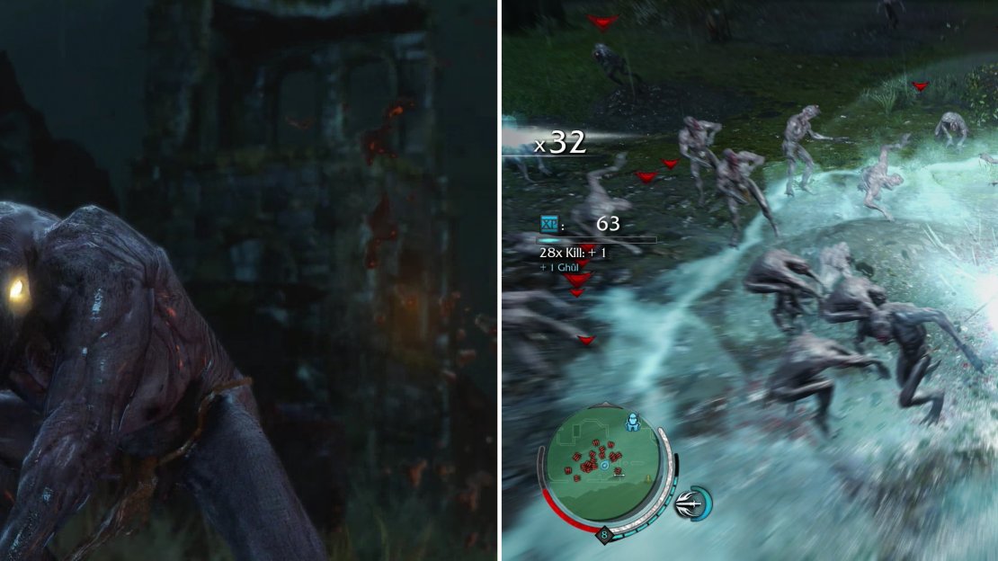 Ghuls guard the relic we’re after, appearing without warning from underground (left). While normal sword strikes work, charging your Hit Sreak and unleashing a Wraith Flash will kill many Ghuls at once (right).