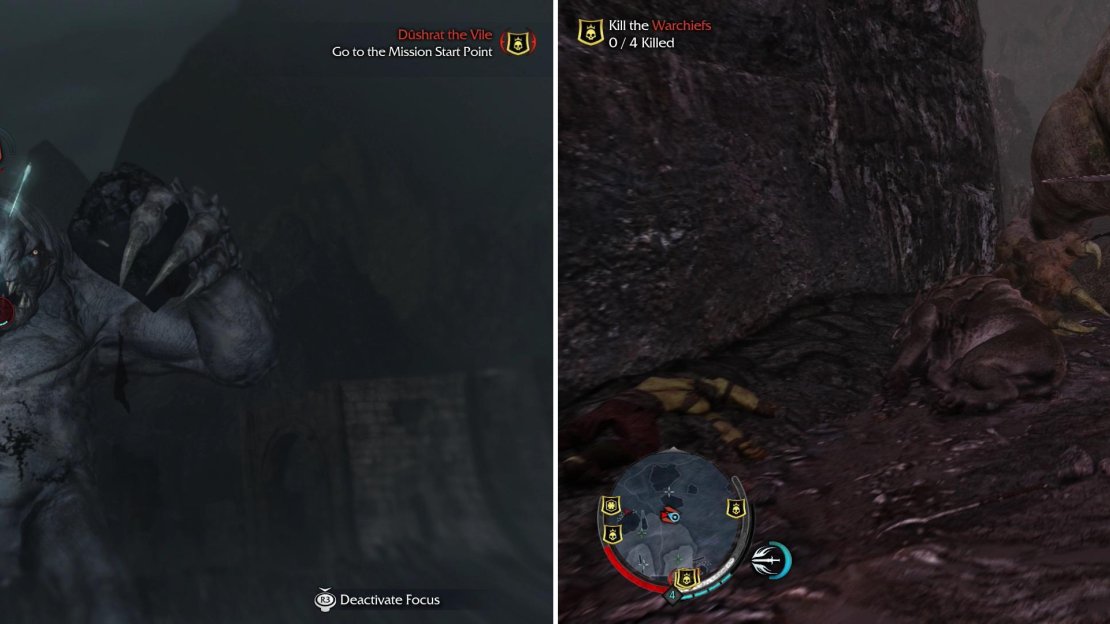 Graugs are mighty foes, but they can be defeated at this point in the game. Stun them by shooting them in the head (left), then close for a few quick sword swipes before they regain their footing (right).