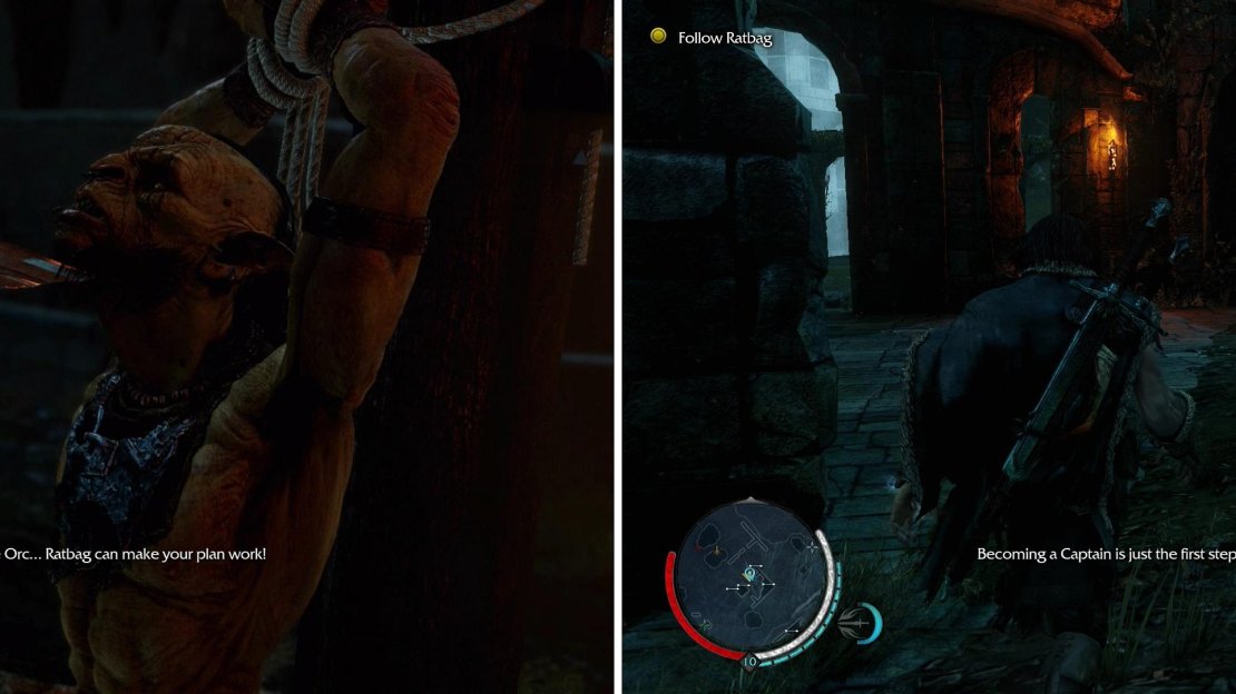 Rescue the captive Ratbag, who is more than willing to betray his Uruk kin if it benefits him (left). Follow him as he schemes: he’s got big plans that he’s eager for you to bring to fruition (right).
