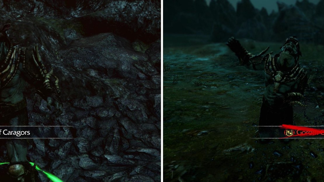 Release a caged Caragor to take advantage of Goroth’s fear of them (left), after which he should be easy to dispatch (right).