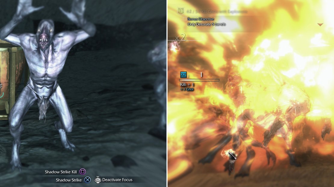 Wait for Ghuls to gather around explosive barrels (left) then blow them up! (right)
