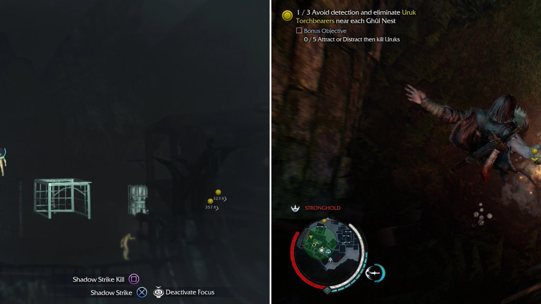 Start out this mission by shooting down the first group of Torchbearers from a distance (left). Attract enemies before finishing them off with Strike From Above to make progress on the bonus objective (right).