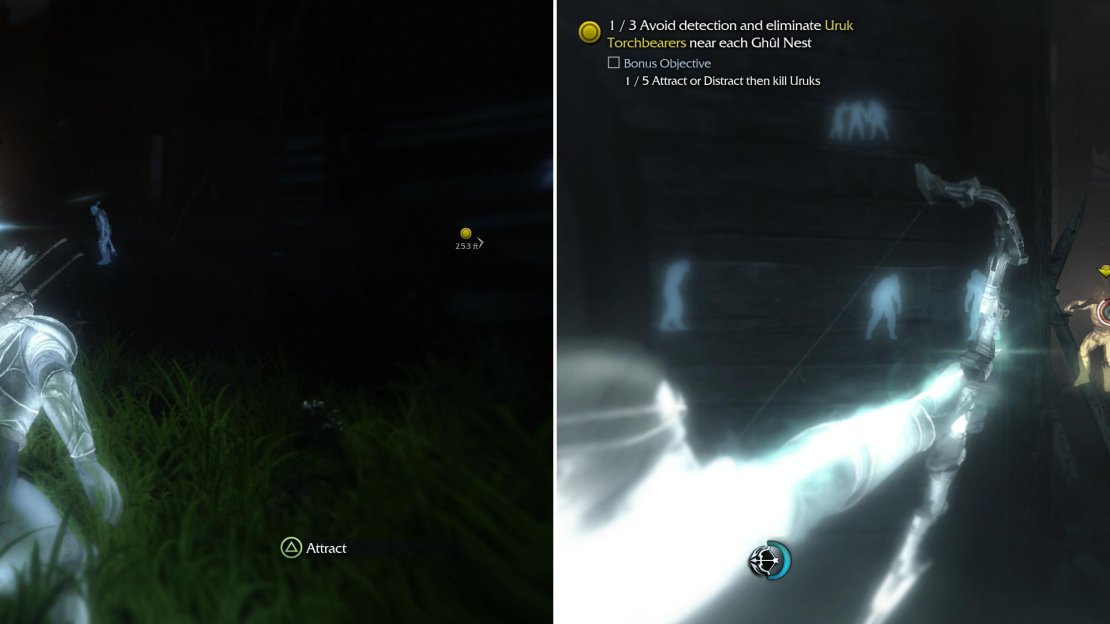 Use Attract to lure a Torchbearer away from his allies (left) then pick him off with an arrow (right).