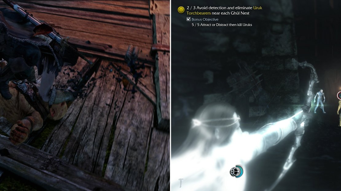 Thin out the Uruks around the third group of Torchbearers (left) then shoot down the final Torchbearer (right).