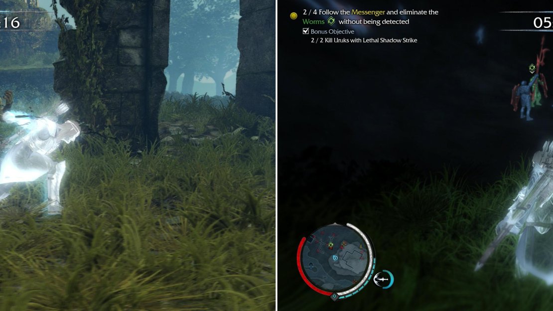 Shadow Strike will allow you to traverse distances instantly and quickly eliminate foes (left). The Messenger will gossip to various Uruks as he travels, turning them into Worms who must be exterminated (right).