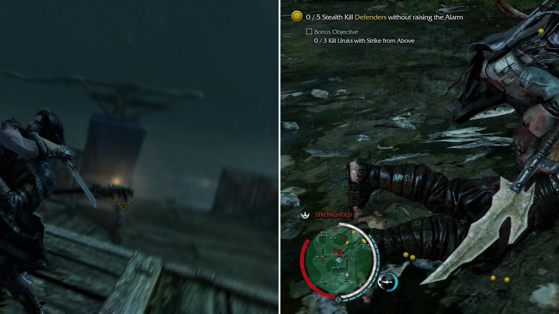 Stealth Kill five marked Uruks to complete the mission (left). Killing any three Uruks with Strike From Above will satisfy a bonus objective (right).