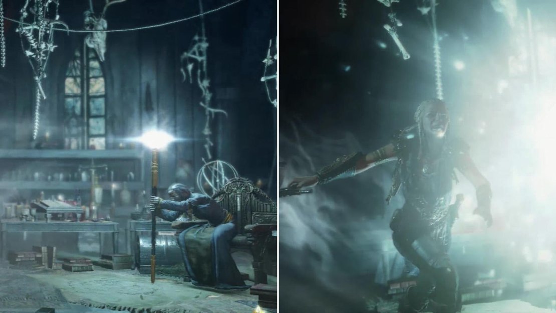 Talion and Celembrimbor will be ambushed when they return to Marwen (left) but Lithariel will intervene in a timely manner (right).