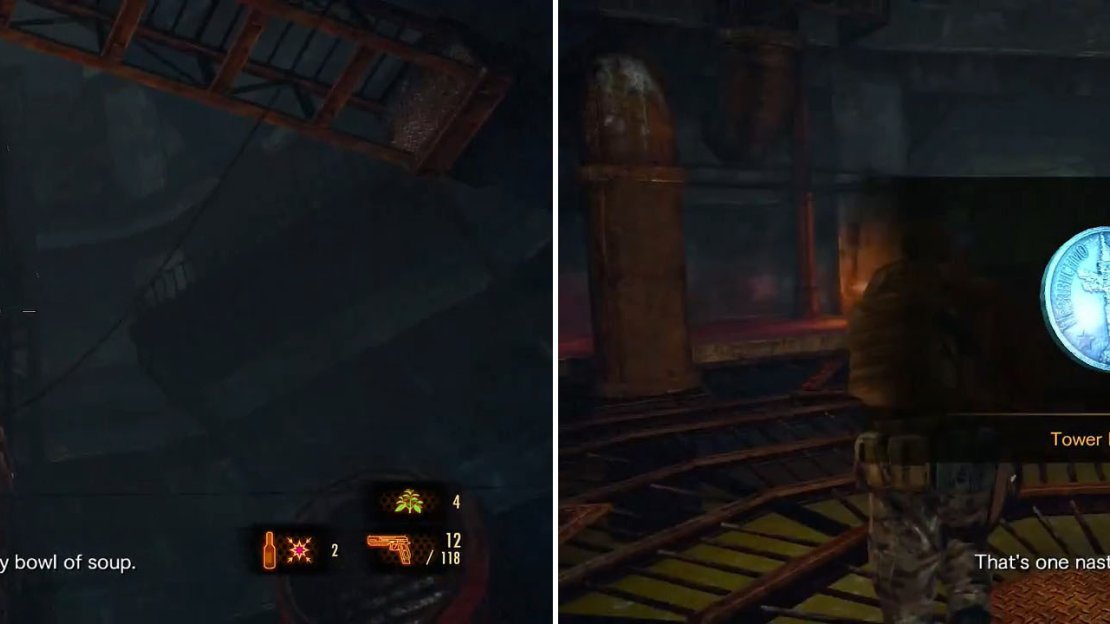 You can shoot this Tower Emblem as the elevator goes down, if you can hit it.