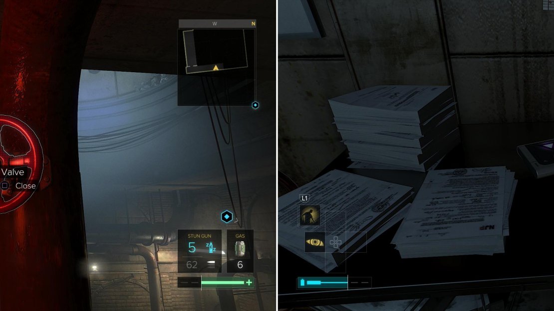 Turn two valves to turn off the gas (left) then search the previously gas-filled low area to find Breach Software #24 (right).