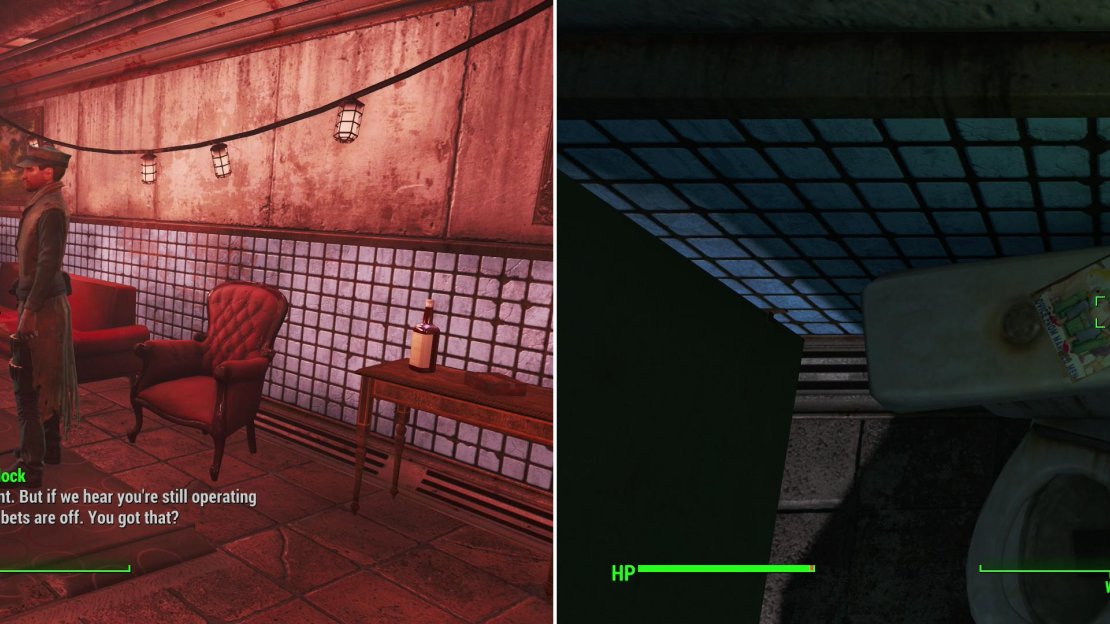 MacCready’s past with the Gunners catches up to him (left). Grab a copy of Live & Love off a toilet in The Third Rail (right).