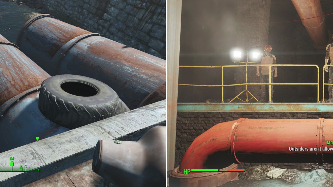 Find several pipes in the river near Mystic Pines, the middle one of which will lead to The Compound (left). Inside, you’ll be stopped by Manny, whom you’ll need to persuade to avoid violence (right).