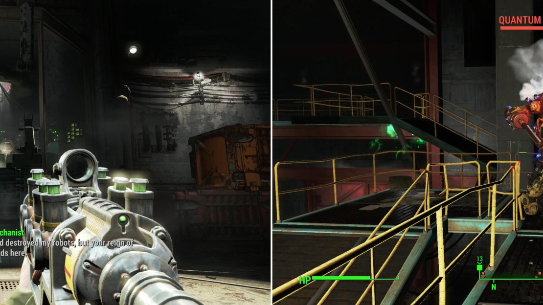 The Mechanist introduces themselves in dramatic fashion… of course (left). To defeat the Mechanist you’ll have to survive hordes of robots (right) and hope the power fails before you do.