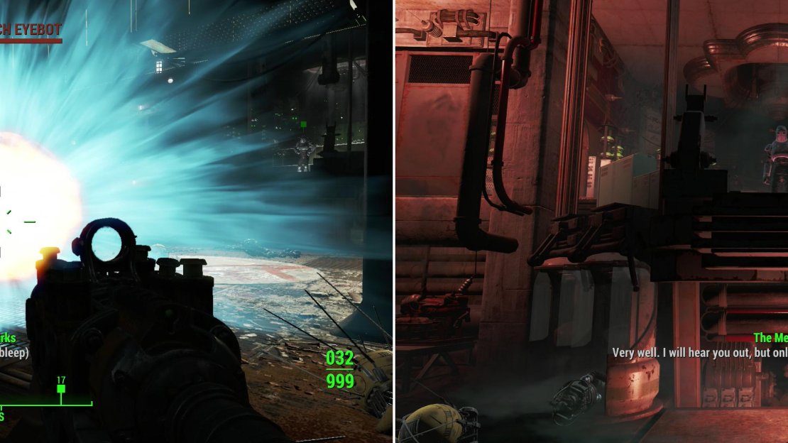 Not all robots want to fight conventionally, however, some just want to kamikaze (left). After the facility can’t handle the stress anymore, the Mechanist will agree to parley (right).