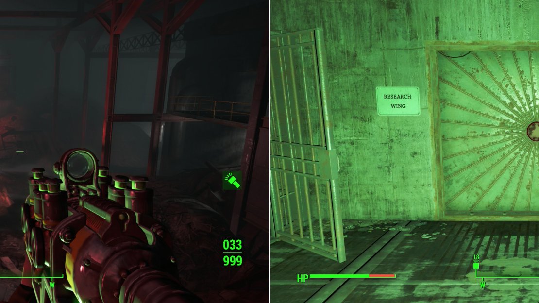 Ride an elevator over the scrap heap! (left) Then get Ada’s aid in accessing the Research Wing of the Mechanist’s stronghold (right).