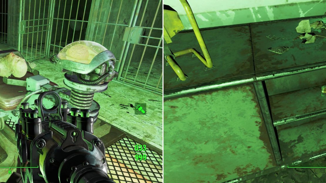 Well, those brains had to come from somewhere… (left). Grab the Chief Scientist’s Holotape on your way through the Research Wing (right).