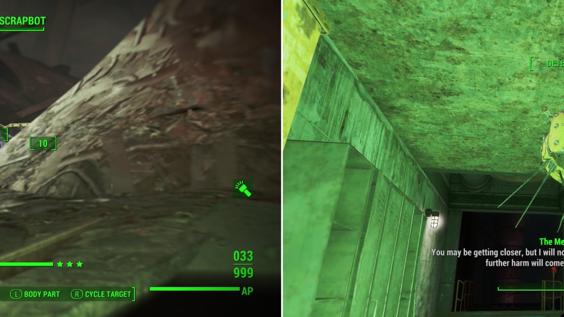 Be wary of robots playing possum amonst the scrap (left). After making it through the scrapyard, the Mechanist will confront you again via Eyebot (right).