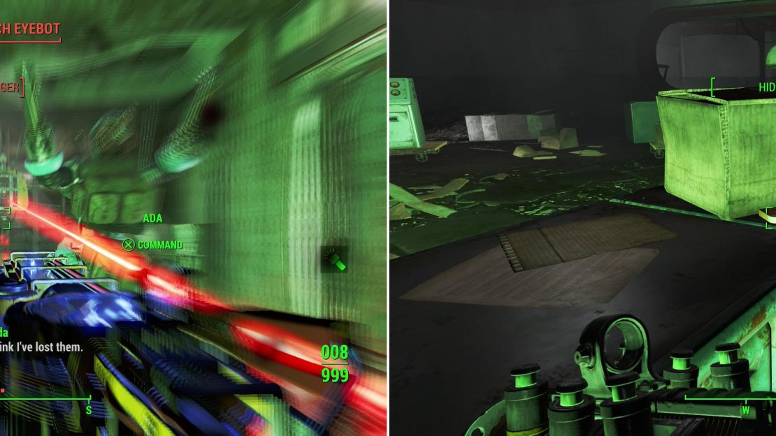 After breaking through the initial defenses of the Mechanist’s lair you’ll be confronted by the Mechanist’s Eyebot, with words, then with lasers! (left) Grabbing the holotapes of important pre-war figures may lead to opportunities later on… (right).