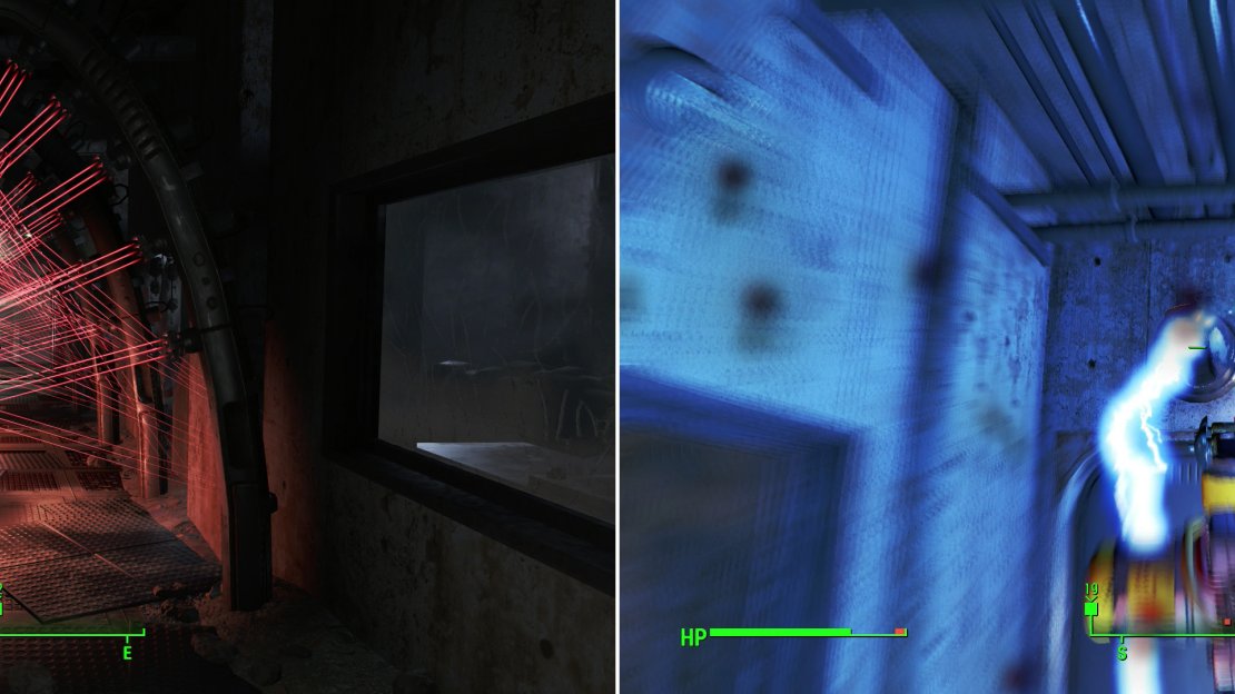 A grid of lasers impedes your progress (left). Should you alert the automated security here, a couple of Tesla Turrets will punish your transgression (right).