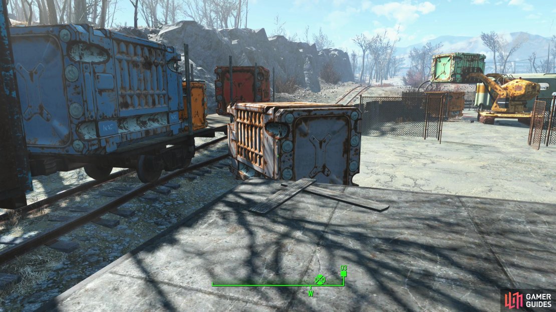 The door to the Boston Police Rationing Site is barred, so jump onto a white crate,