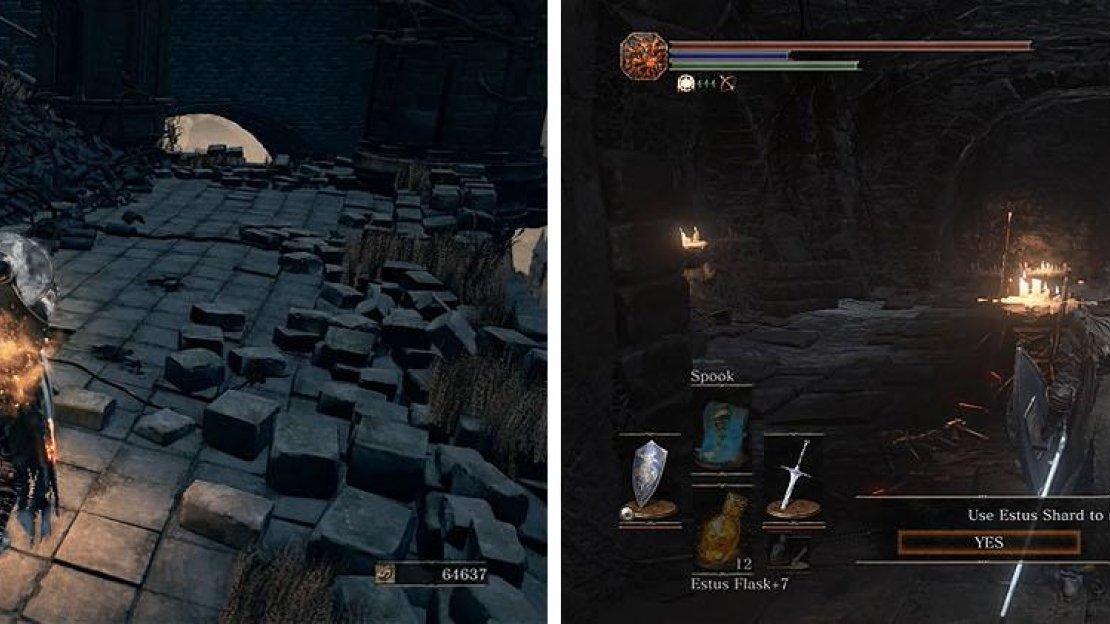 Make sure to watch your health, using Estus Flasks to heal (left). You can increase the number of Flasks by finding Estus Shards and handing them to Andre (right).