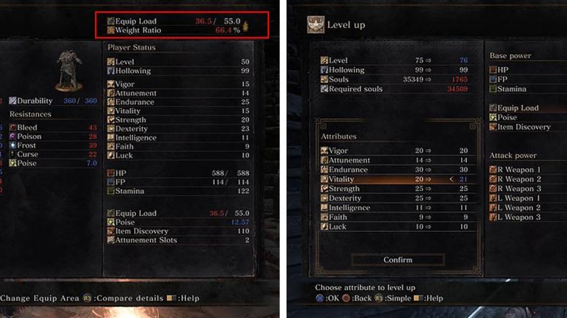 Every item you equip increases your Equip Load and Weigh Ratio (left), which you can increase by pumping stats into Vitlity (right).