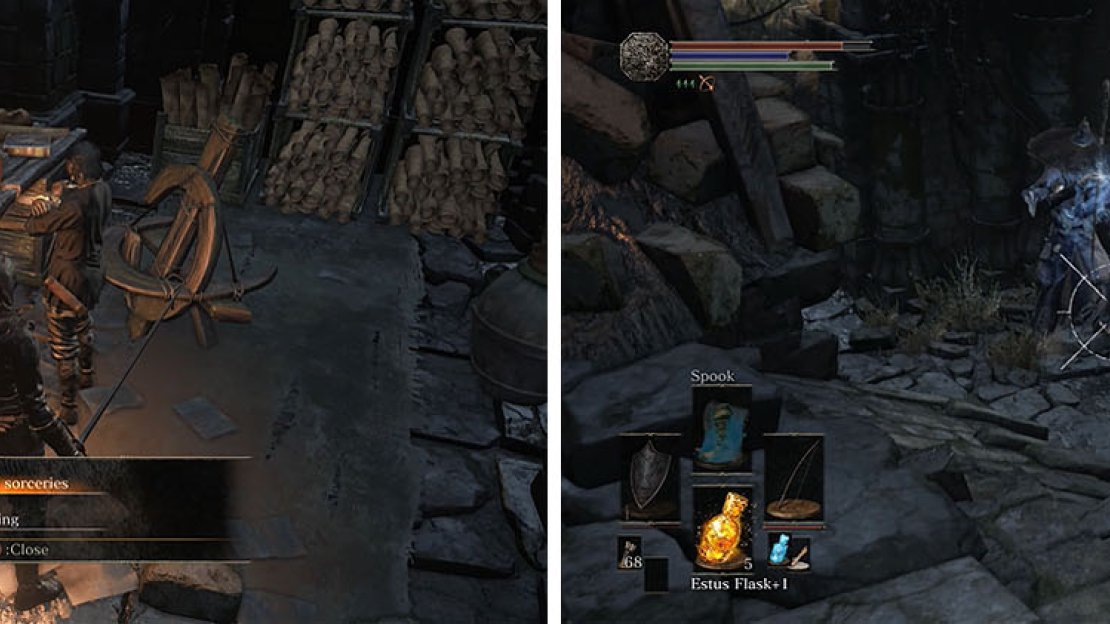 Orbeck will join Firelink Shrine if you have 10 INT and promise him scrolls (left). Downstairs, defeat the Devouts before dropping to the floor (right).
