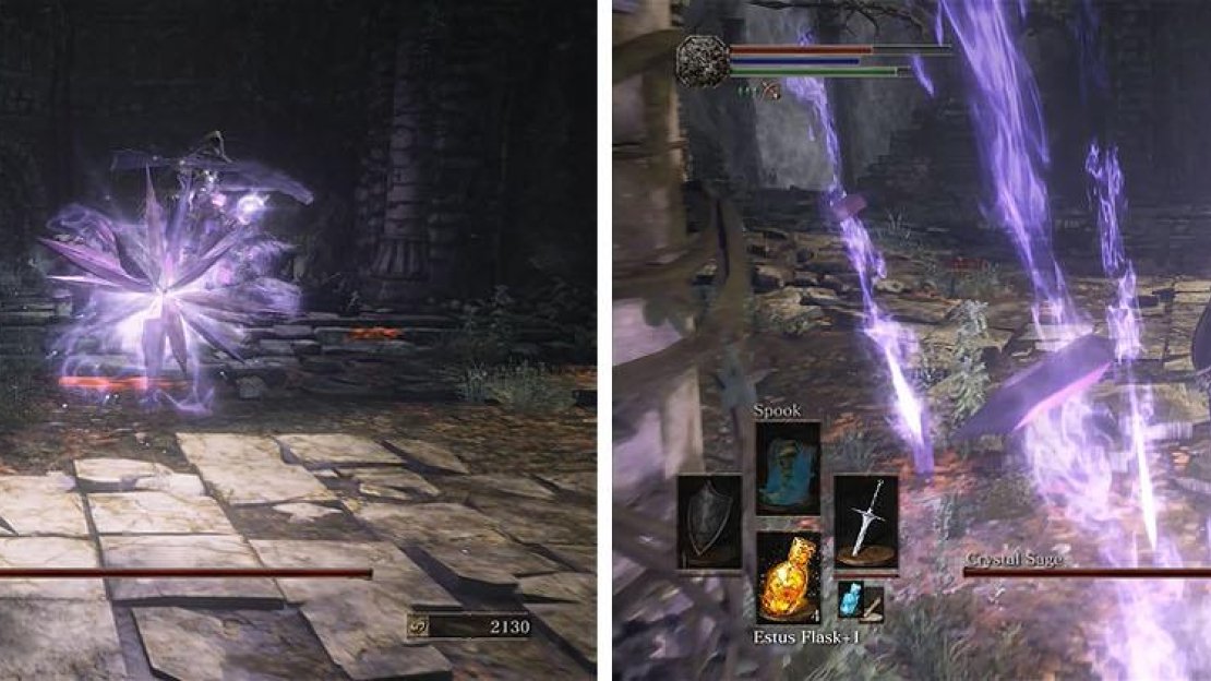 The Crystal Sage uses a number of its deadly spells, such as the slow moving Ice Crystal (left) and the deadly Crystal Hail (right).