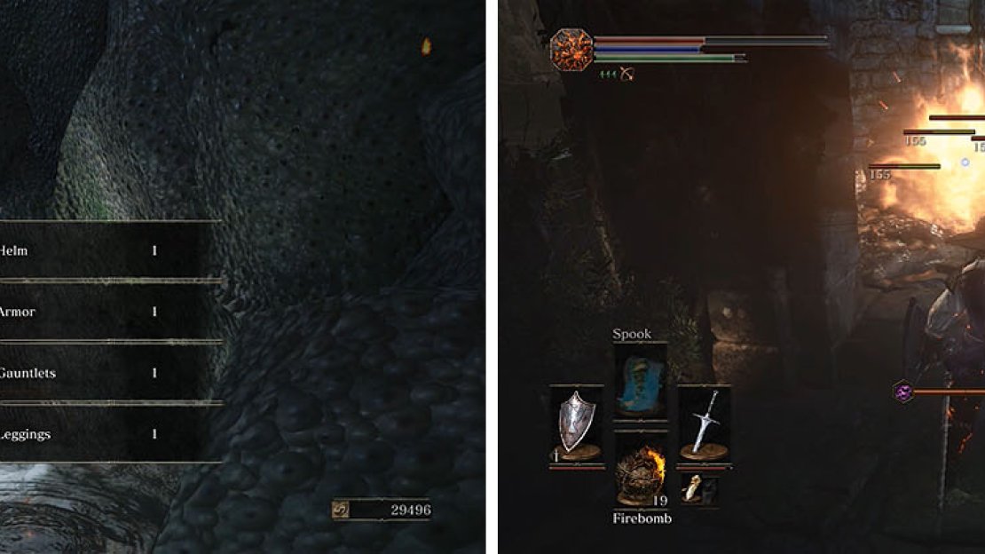 Directly across the swamp from the Nameless Armor set (left) is a circular building with an Undead Bone Shard (right).
