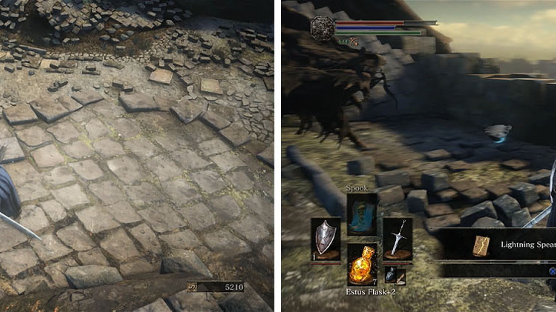 The upper ledge will allow you to get along the side of the lizards (left). Make sure to grab the Lightning Spear spell near the dragon’s corpse (right).