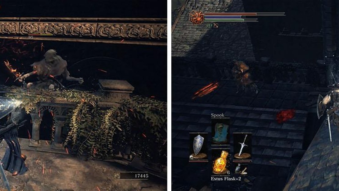 The devouts try and ambush you when you pick up the soul (left) and when you rush down the buttress try to avoid the fire bolts from the two crossbows (right).
