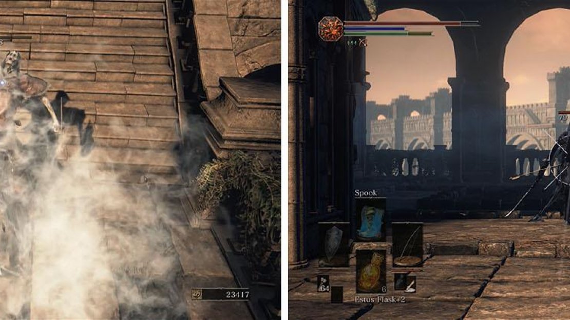 Watch out for the devout that tosses pots that disables your Estus Flasks (left) and then pull the Grave Warden from the area straight ahead (right).